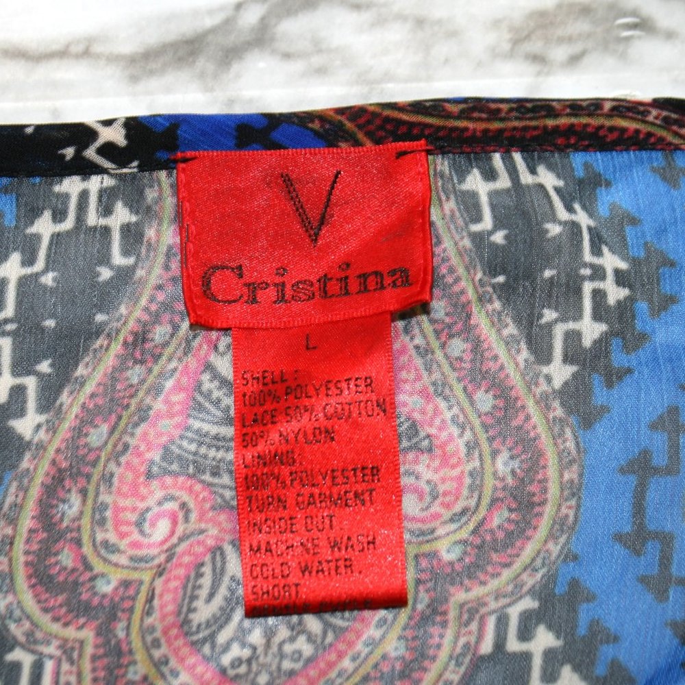 V CHRISTINA Blouse Sheer Mixed Print Long Sleeve Beaded Yoke Lace Up Boho Large - Picture 7 of 15